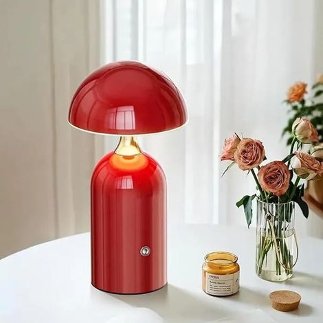 Lampe chevet sans fil, lampe table LED champignon tactile intensité variable, 3 couleurs, bureau/décorative Noël vintage, rouge YYV (1/4)