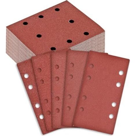 Set of 100 sheets of sandpaper (80 x 133 mm) with hook and loop backing, 5 grits (40 to 240). For multi-purpose and orbital sanders. Wood, metal, paint. Dust extraction system. (1/4)