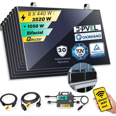 ROBINSUN®️ Kit Solar Enchufable Performance Balcony 3.520Wp, 8 paneles QN 440Wp +4 Microinversores 800W Wifi incluído+Cable 3m+8 Fijaciones SolarHook (1/5)