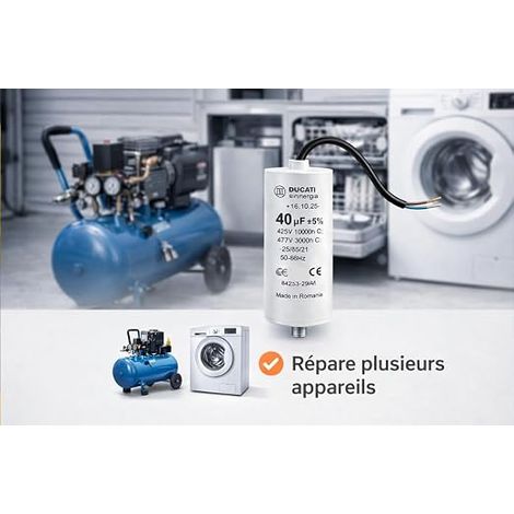 Condensateur moteur monophasé 425V / 450V / 475V – Condensateur permanent avec câble – pompe piscine, nettoyeur haute pression, porte de garage et portail, compresseur 20μF / 20uF (1/2)