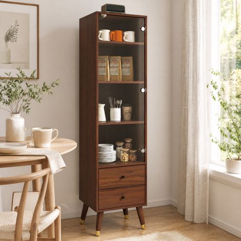 Vitrina con puerta de cristal, 3 baldas regulables y 2 cajones, efecto nogal HAVRYA (1/5)