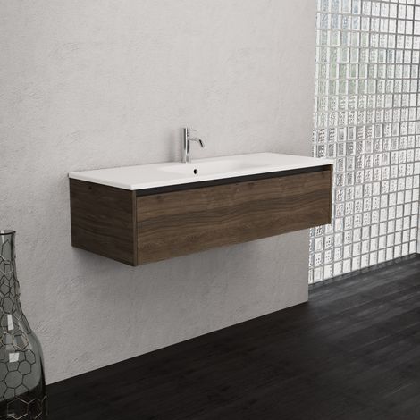 Inda - Badezimmerschrank 1 Schublade B.120 mit mattiertem Waschbecken / Braune Eiche - Smeraldo (1/5)