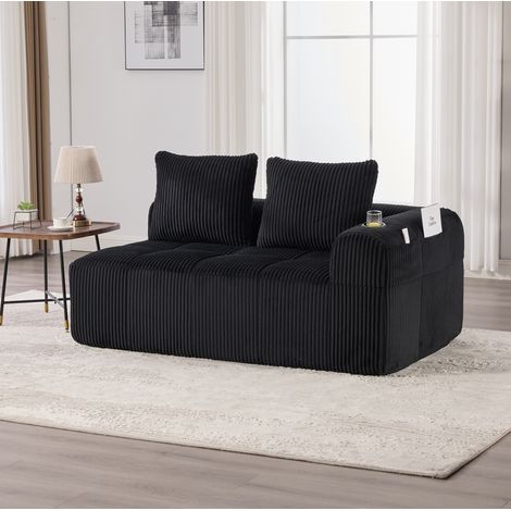 Sofá de 2 plazas 158x93x61 cm negro en pana acanalada con portavasos y bolsillos laterales (1/5)