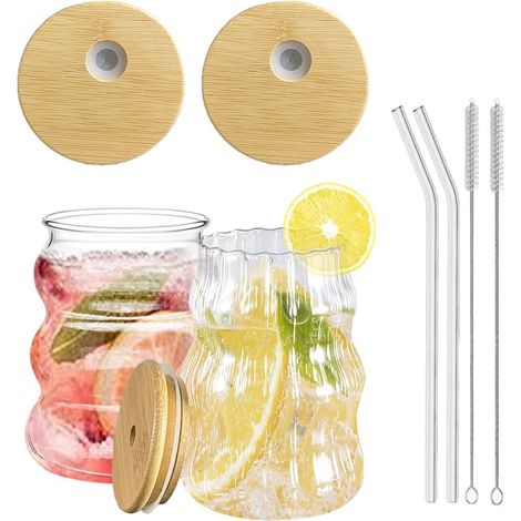 Lot de 2 Verres Ondulés 530ml avec Couvercle et Paille en Verre, Verres Polyvalents pour Latte, Bière, Café Glacé et Thé Glacé (1/5)