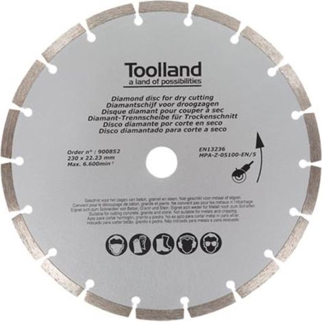 Toolland Diamantscheibe, 230 mm, segmentiert, Trockenschnitt, 6600 U/min, 80 m/s, für Granit, Stein, Ziegel, Marmor