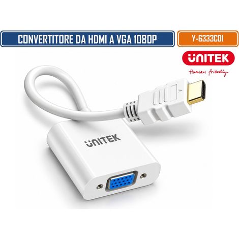 UNITEK ADATTATORE CONVERTITORE HDMI MASCHIO A VGA FEMMINA FULL HD 1080P 60HZ CON CHIP INTEGRATO, CONNETTORE HDMI PLACCATO ORO E CAVO 15 CM – BIANCO (1/5)