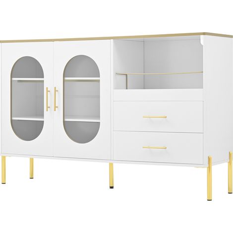 Buffet élégant avec 2 tiroirs et 2 portes vitrées – Commode moderne blanche avec accents dorés – Grand espace de rangement – Pour salon, salle à manger, couloir (1/5)