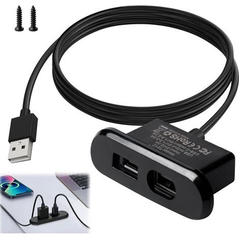 Alimentation de bureau USB C, câble d'extension 5 V/2 A USB/type C, port de charge intégré, prise USB encastrable pour canapé, table, table de chevet, bureau, 1,5 m