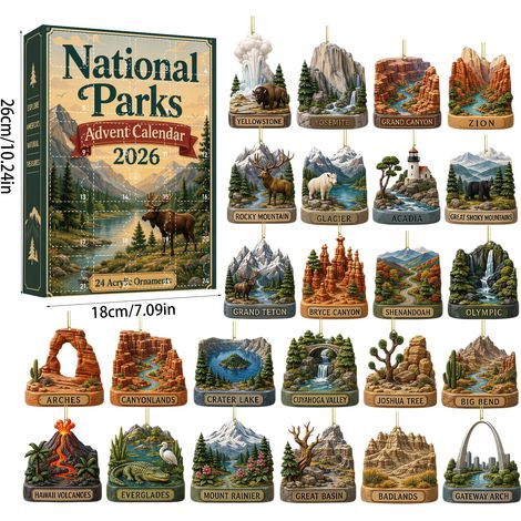 Calendrier de l'Avent Parcs Nationaux 2026 - 24 décorations suspendues en acrylique 2D avec motifs de paysages et de nature - Calendrier de l'Avent de 24 jours pour décorer le sapin de Noël et cadeau (1/5)
