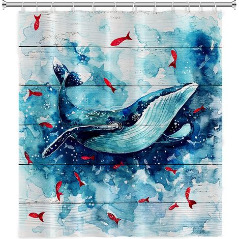 122x183cm Baleine Bleue Rideau de Douche pour Les Enfants Monde océanique Mignon Rouge Poisson Hilarant Animal Vague de mer Planche de Bois Rideau de Bain pour Bain avec Crochets (1/5)