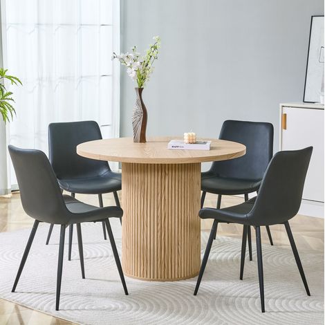 Table à manger ronde 4 chaises en MDF bois clair et cuir régénéré noir, plateau 100 cm, design moderne pour salle à manger CHICFURN (1/5)