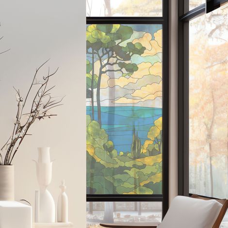 Stickers décoratifs électrostatique, pin maritime, mer, arbres, paysage, effet vitrail, 150 cm X 67,5 cm (1/2)