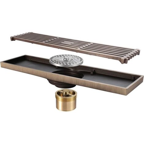 Drain Linéaire Salle De Bain - 30 cm Longueur - 8,2 cm Largeur - Débit 20 L/min - Finition Brossée En Laiton Et Acier Inoxydable - Pour Sol Carrelé - 1 Pièce