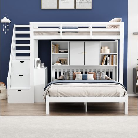 MODFU – Litera 90x200 + 140x200 cm de madera/MDF con compartimento, escalera, mesa móvil y somier de láminas – Blanco (1/5)