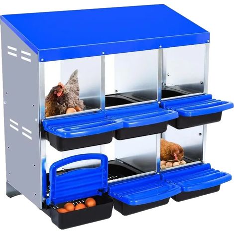 Nido per galline, in metallo zincato, con design a rulli inclinati, 6 fori senza supporto, colore blu. (1/2)
