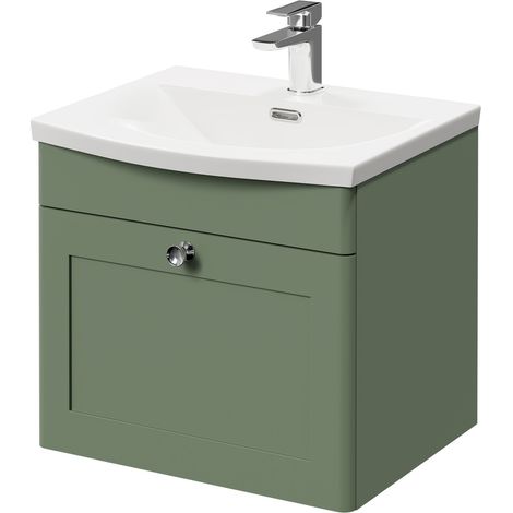 Wholesale Domestic Danbury Satin Green 500mm Wall Mounted Vanity Unit with 1 Tap Hole Curved Basin and Single Drawer with Polished Chrome Handle (1/5)