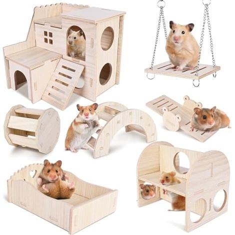 Vegena Lot de 7 jouets à mâcher en bois pour hamster - Avec rouleau cloche, pont, bascule et balançoire pour gerbilles, hamsters nains, chinchillas (1/5)