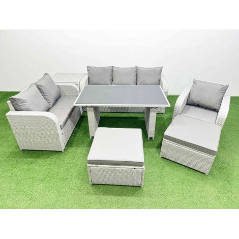 Fimous Rattan Outdoor Table Reclining Chair Sofa Set with Side Table 2 Big Stools Light Grey 8 Seater (1/4)