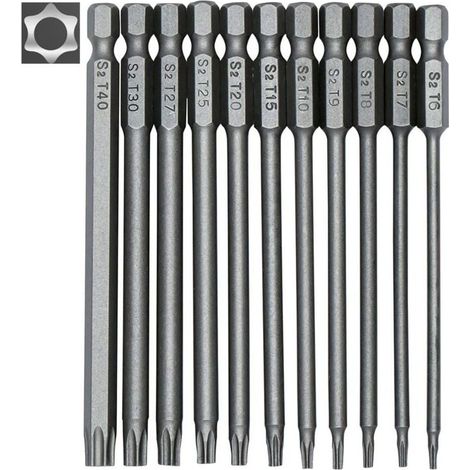Jeu de 11 embouts longs Torx pour tournevis et visseuse électrique - Embouts magnétiques - Tige hexagonale de 1/4" - Tailles T6 à T40 - Longueur 100 mm (1/4)