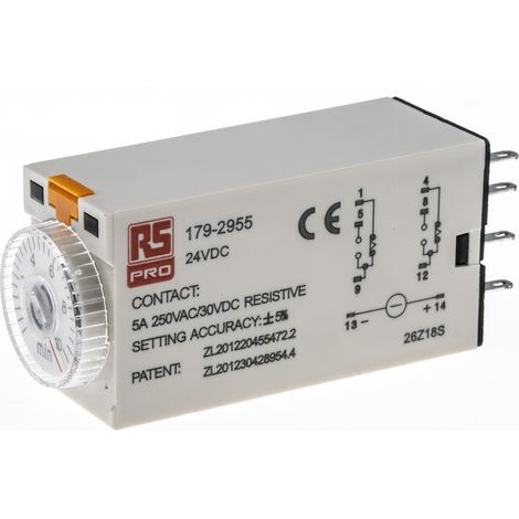 Relais temporisé RS PRO, 24V c.c., Enfichable, 2 contacts ( Prix pour 1 ) (1/3)
