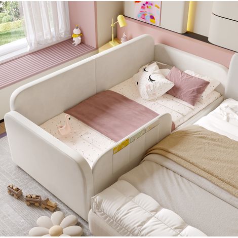 Lit enfant 180 x 200 cm velours blanc avec rangements et côtés sécurisés, couchage (1/5)