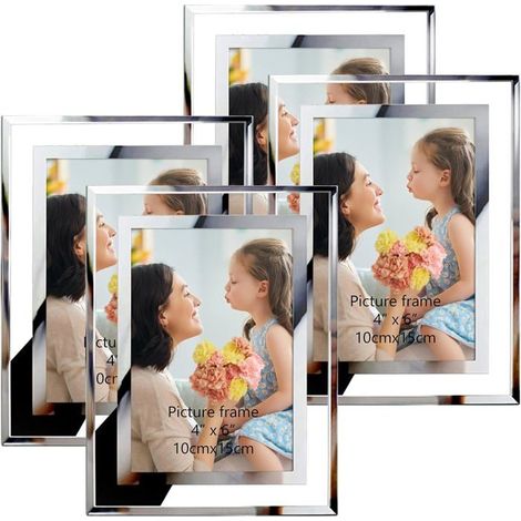 BelleRise - Lot de 4 cadres photo 10x15 cm avec verre miroir argenté, cadres multiples pour présentation sur table (1/5)
