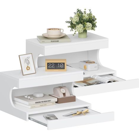 Table de Chevet Suspendue Lot de 2, Étagère Table de Nuit Murale avec Plateau Coulissant, Compartiment Ouvert, Moderne, pour Chambre à Coucher, Salon ,Blanc (1/5)
