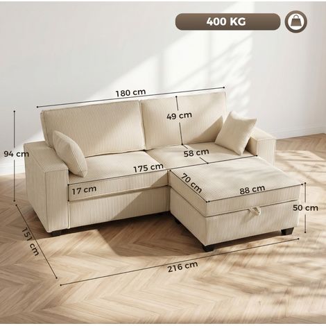 Canapé d'angle 3 places en velours côtelé beige avec ottomane et rangement (1/5)