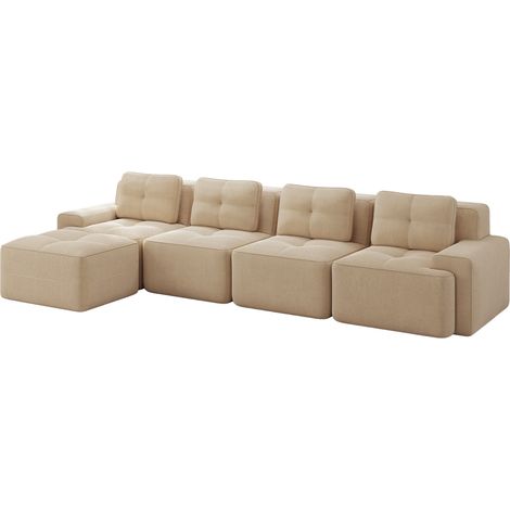 Sofá modular en L de 4 plazas en pana beige, sin montaje, con chaise longue (1/5)