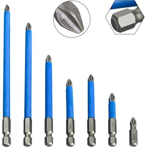 Set di 7 punte per cacciavite Phillips magnetiche antiscivolo PH2, adatte per avvitatori a impulsi, attacco esagonale da 1/4 di pollice, (25-50-65-70-90-127-150) mm