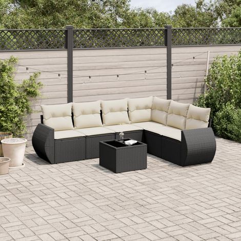 7-tlg. Garten-Sofagarnitur mit Kissen Schwarz Poly Rattan (1/5)