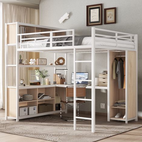 Hochbett für 2 Personen 140x200 cm, Kombibett mit Schreibtisch und Schrank für Erwachsene und Jugendliche, Metall und Holz, Wei und Natur (1/5)
