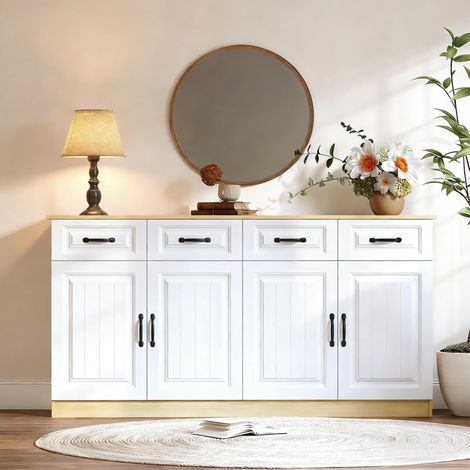 Buffet 160 x 35 x 80 cm avec 4 tiroirs, 4 portes, MDF, blanc et bois naturel HAVRYA (1/5)