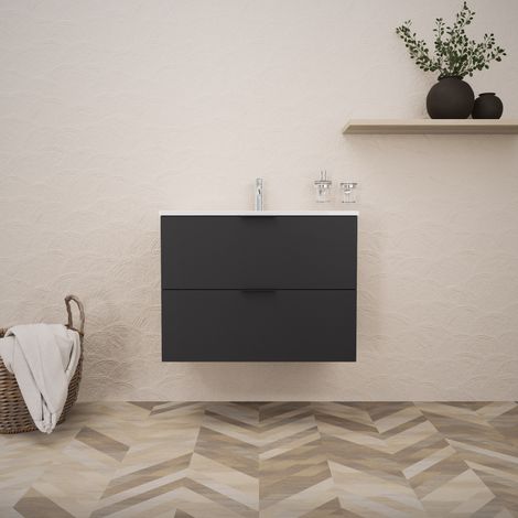 Inda - Badezimmerschrank B.80 mit glänzendem/mattem schwarzem Waschbecken 2 Schubladen - Topazio