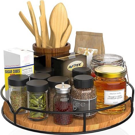 Plateau tournant Lazy Susan 33 cm bois pin noir, organisateur rotatif cuisine placard frigo comptoir (1/5)