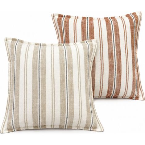 Housse de coussin recto-verso 100% coton rayures tapissier LOURMARIN Beige 60x60 cm (1/3)