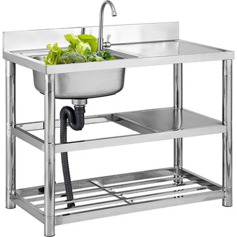 Lavabo multifonction en acier inoxydable avec armoire inférieure, 80 x 50 x 80 cm, évier commercial avec conduite d'eau chaude et froide, robinet et vidage, pour extérieur, intérieur, cuisine, salle à (1/5)