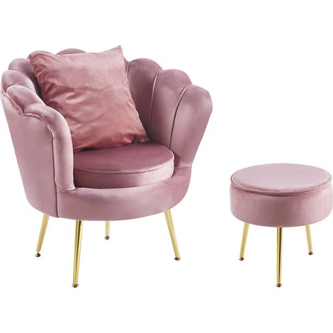 Poltrona Camera da Letto e Salotto in Velluto con Poggiapiedi Contenitore - Poltroncina Conchiglia con Gambe in Metallo Placcato Oro - Design Moderno, Seduta Morbida con Cuscino - Sedia in Velluto Ros (1/5)