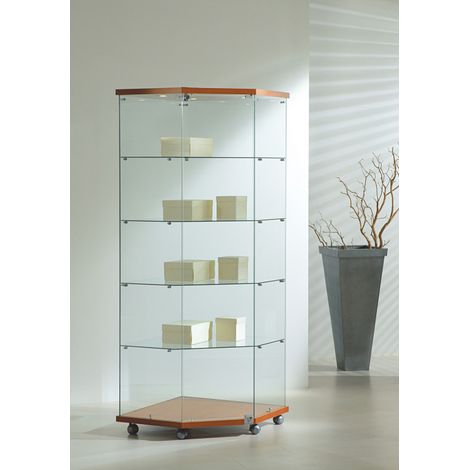 Vetrina Angolare Cristalli Temperati con Faretti 68x68x181cm LL OF718L Made in Italy Colore Ciliegio (1/4)