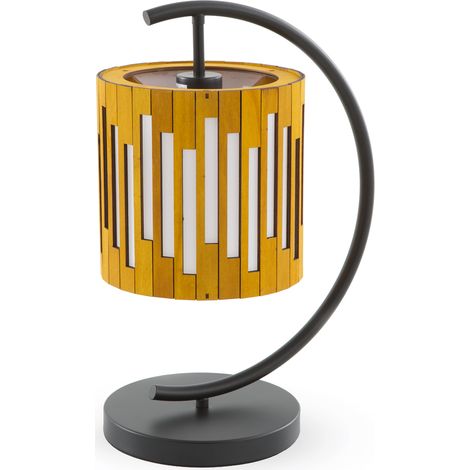 Lampe de table en contreplaqué couleur miel avec pied en métal noir (1/4)