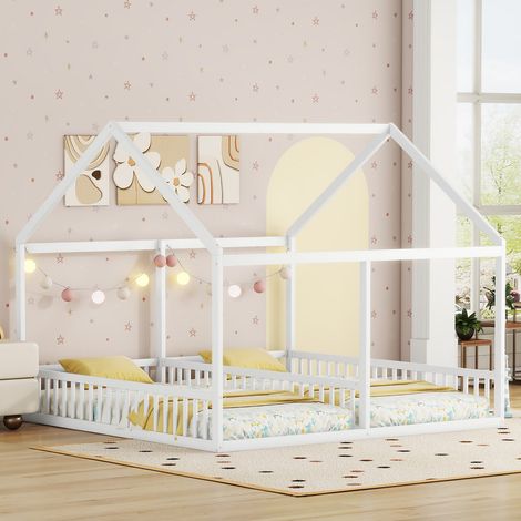 Lit enfant 90x200 cm 2 couchages en bois, design maison, lit cabane avec barrières de sécurité, blanc (1/5)