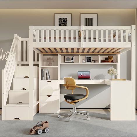 Letto a soppalco per bambini 90 x 200 cm con scala-armadio e scrivania angolare, bianco HAVRYA (1/5)