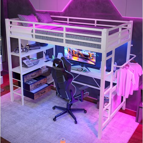 Litera alta 90x200 cm blanca de metal y MDF con escritorio, LED, cajones y USB (1/5)