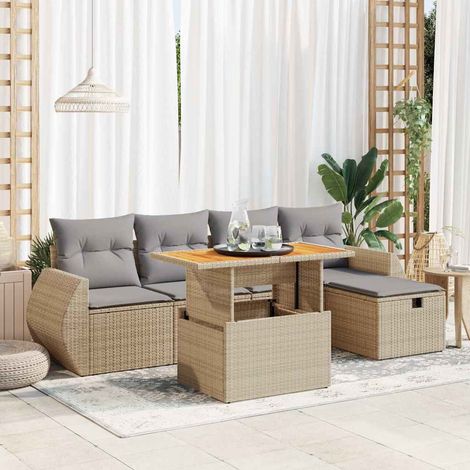 Sedute da giardino - Set Divano da Giardino 6 pz con Cuscini Beige Polyrattan Acacia (1/5)