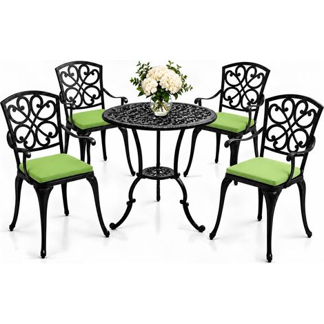 Centurion VIVALDI Black 5-Piece Cast Aluminium Garden Bistro Set - Rust-Proof Round Table with Parasol Hole & 4 Large Armchairs - with Green Cushions (1/5)