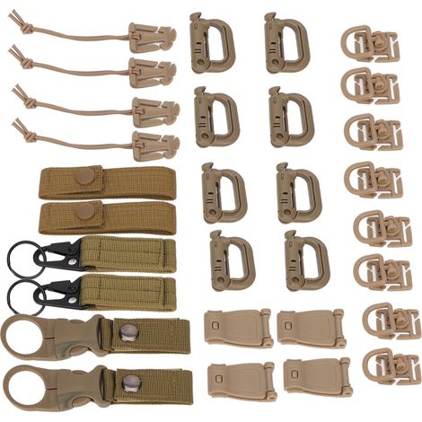 Kit d'accessoires Molle de 30 pièces avec boucle en D, sangle en nylon et accessoires de sac à dos adaptés aux pique-niques, au camping et aux voyages dans des tons naturels. (1/5)