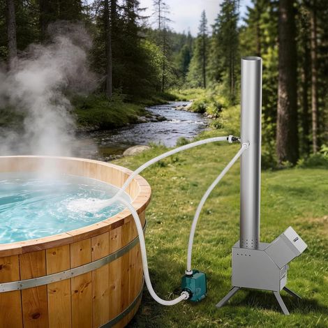 Wood Pool Heater, Outdoor Water Heater for Small Pools, Bathtubs and Spas up to 2800L, with Titanium Coil, Pump and Hoses