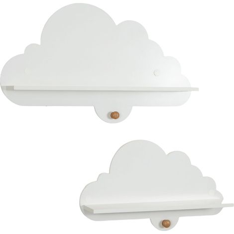 Lot de 2 étagères murales nuage blanches en bois massif avec crochets et coins arrondis pour chambre, crèche et salle de jeux