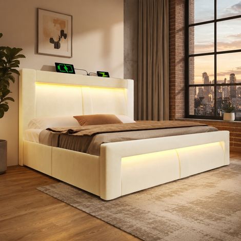 Letto matrimoniale 160x200 cm beige in velluto con contenitore, LED e porte USB (1/5)