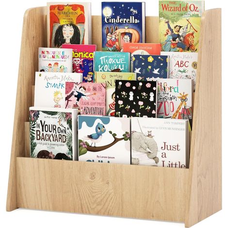 Goplus – Bibliothèque enfant en bois 4 niveaux – Structure trapézoïdale stable – Coins arrondis pour sécurité – Rangement facile dans chambre ou salle de jeux (1/5)
